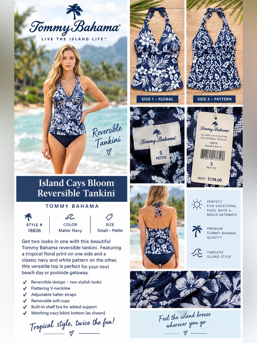 🌴 Tommy Bahama Reversible Tankini (TOP ONLY) Small Petite 🏝️